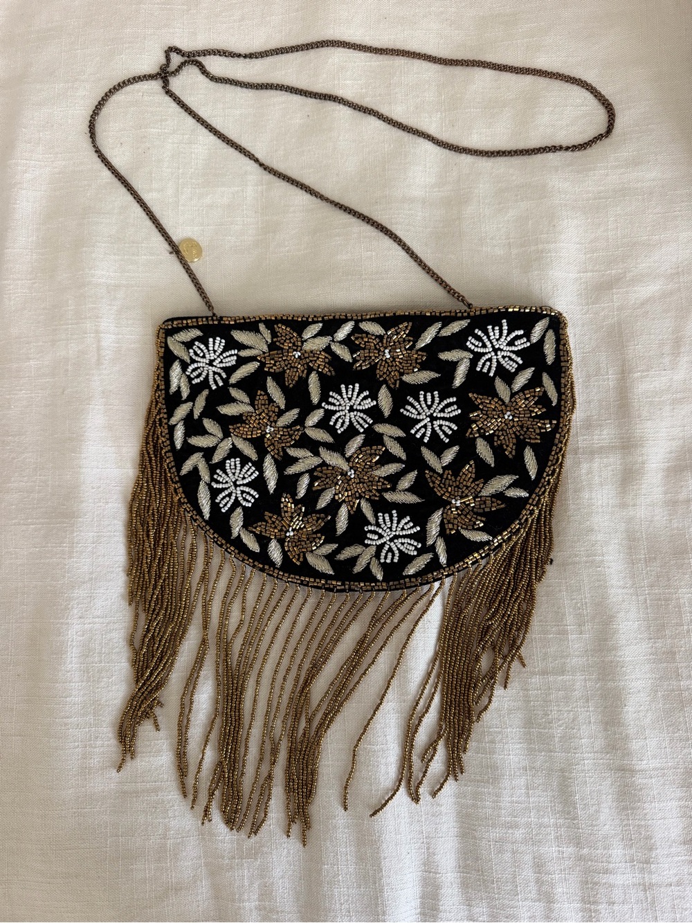 From St Xavier Beaded Floral Fringe Shoulder Bag - Black & Gold